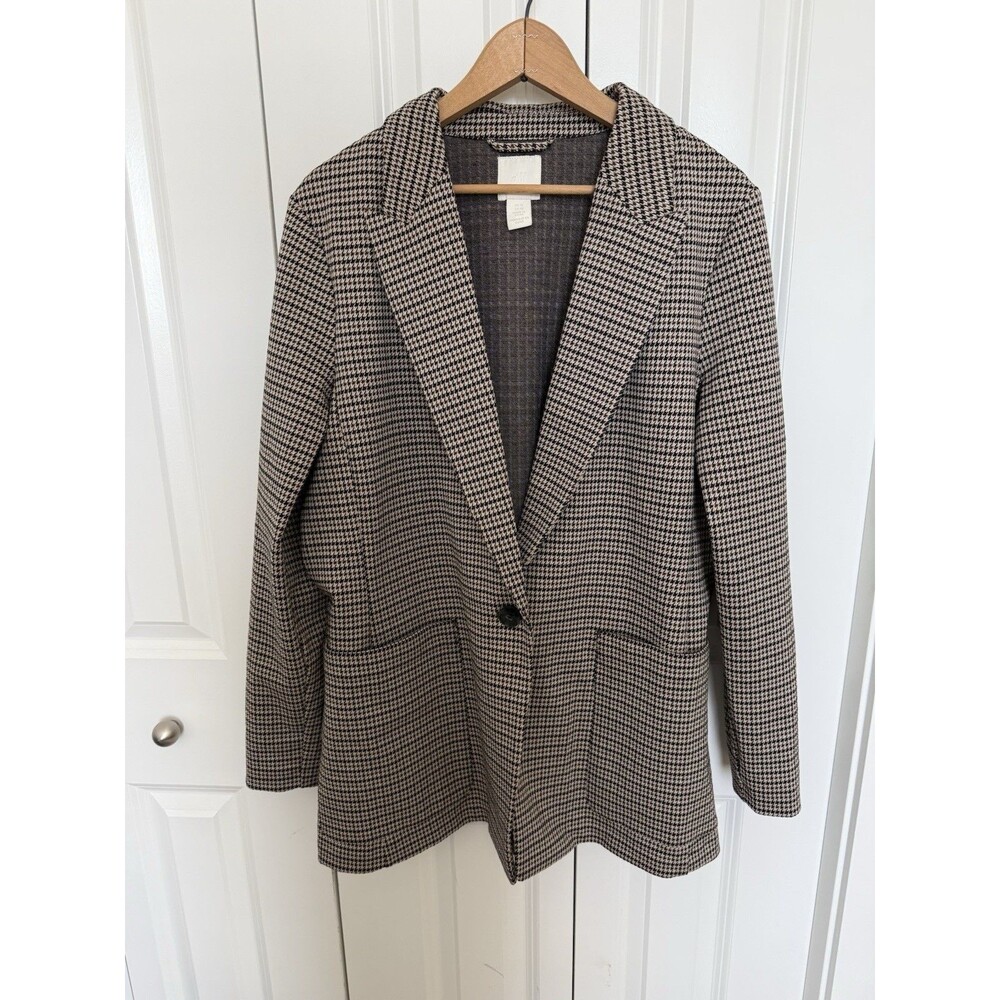 H&M Blazer Womens 12 Houndstooth Checkered Suit Jacket Classic Workwear Office